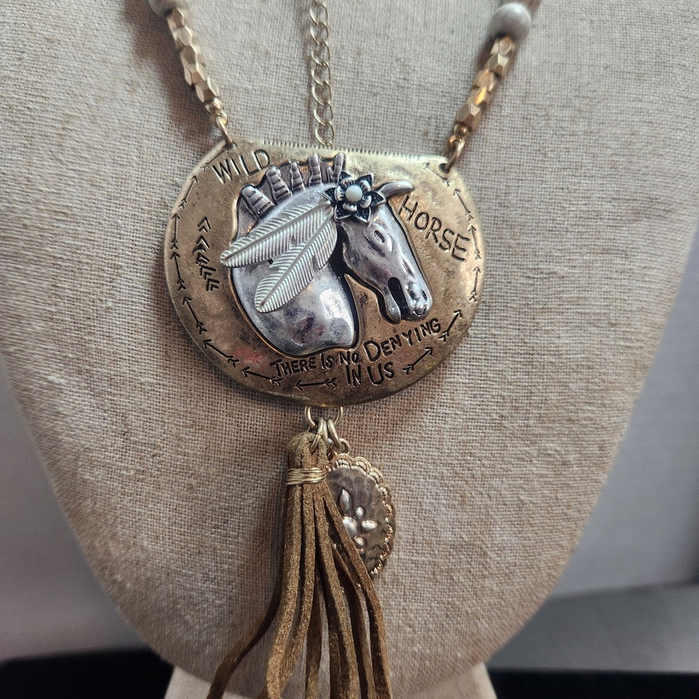 Wild Horse Statement Necklace Mixed Metal Shield Tassel Western Boho Jewelry - Picture 2 of 13